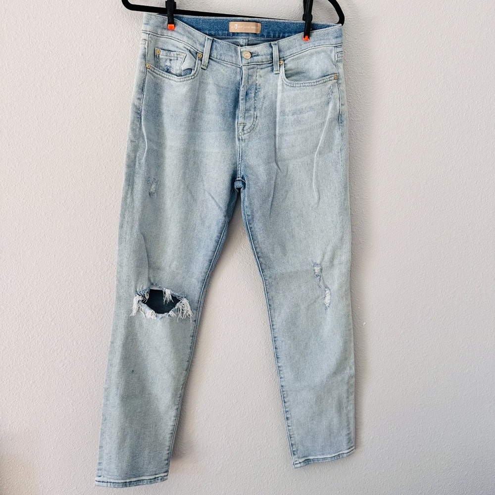 NEW NWOT 7 For All Mankind Luxe Vintage Josefina Blue Jeans Distressed Knee Size